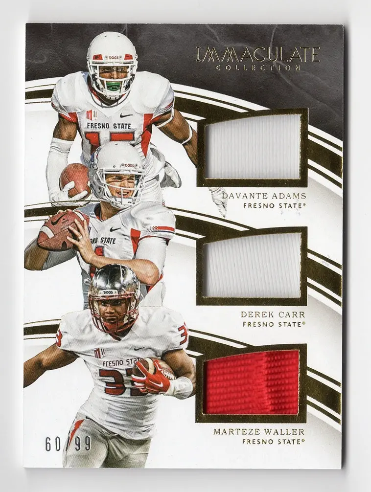 Derek Carr/Davante Adams/Marteze Waller 2016 Panini Immaculate Collection Football Triple Jersey Relic (Fresno State) Insert Trading Card #60/99 (Only 99 Made) 1