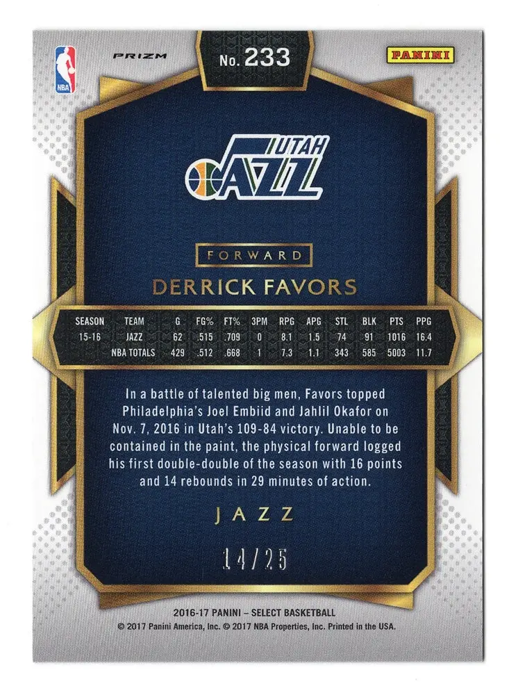 Derrick Favors 2016-17 Panini Select Basketball Tie-Dye Prizm Collectible Insert Trading Card #14/25 (Only 25 Made) 2