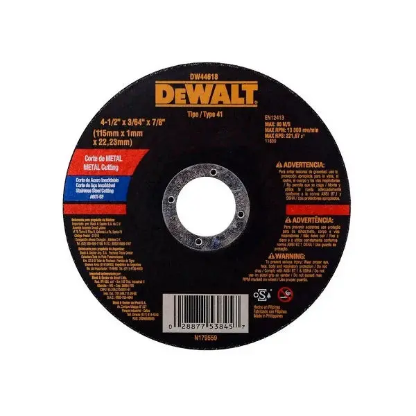 Disco Corte Metal Inoxidable 4-1/2" X 3/64" (1.2 Mm) X 7/8" Dewalt 1