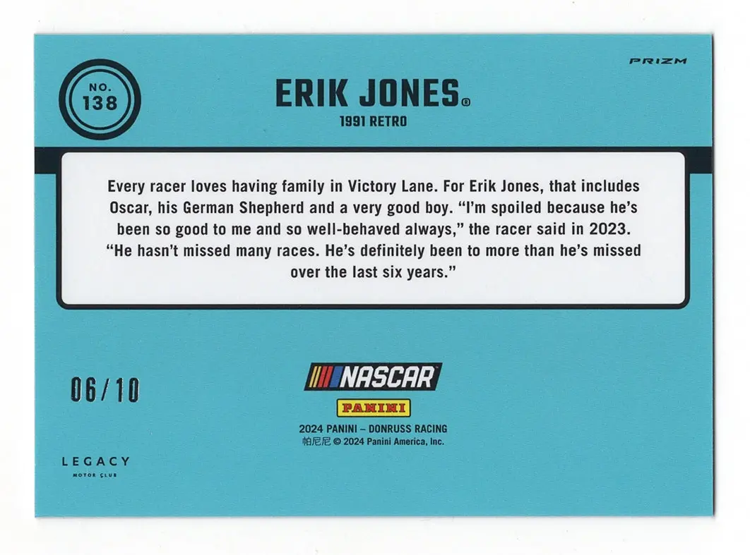 Erik Jones 2024 Donruss Optic Racing 1991 Retro Gold Prizm Rare Nascar Collectible Insert Trading Card #06/10 (Only 10 Made) 2
