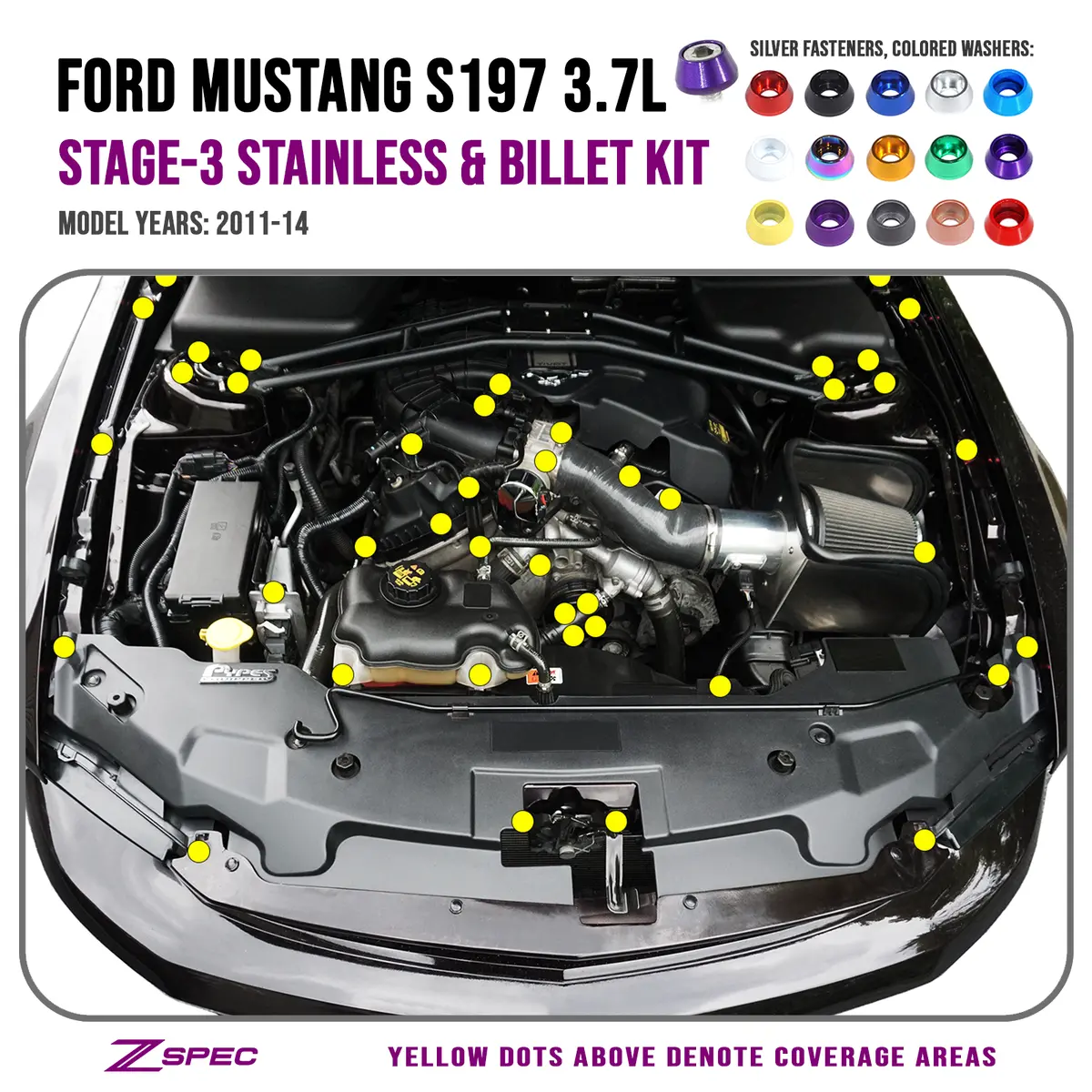 Zspec Stage-3 Dress Up Bolts® Fastener Kit For 11-14 Ford Mustang 3.7L S197, Stainless & Billet 1