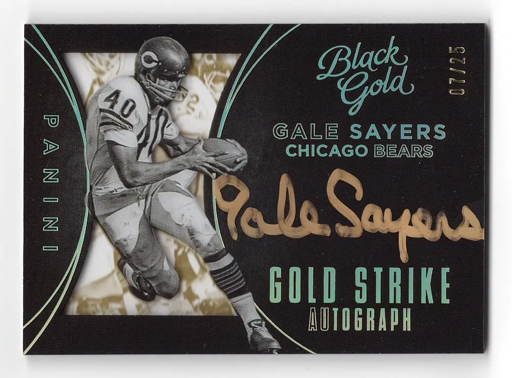 Gale Sayers 2015 Black Gold Football Gold Strike Autograph (Bears Hof Legend) Gold Insert Trading Card #07/25 (Only 25 Made) 1