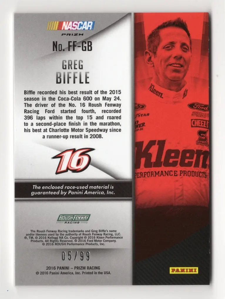 Greg Biffle 2016 Panini Prizm Racing Firesuit Fabrics (Race Used Firesuit) Green Flag Prizm #05/99 Signed Nascar Memorabilia Trading Card With Coa (Only 99 Produced) 2