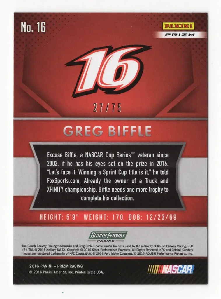 Greg Biffle 2016 Panini Prizm Racing (Kfc Nashville Hot Chicken) Red Flag Prizm #27/75 Signed Nascar Insert Trading Card With Coa (Only 75 Produced) 2