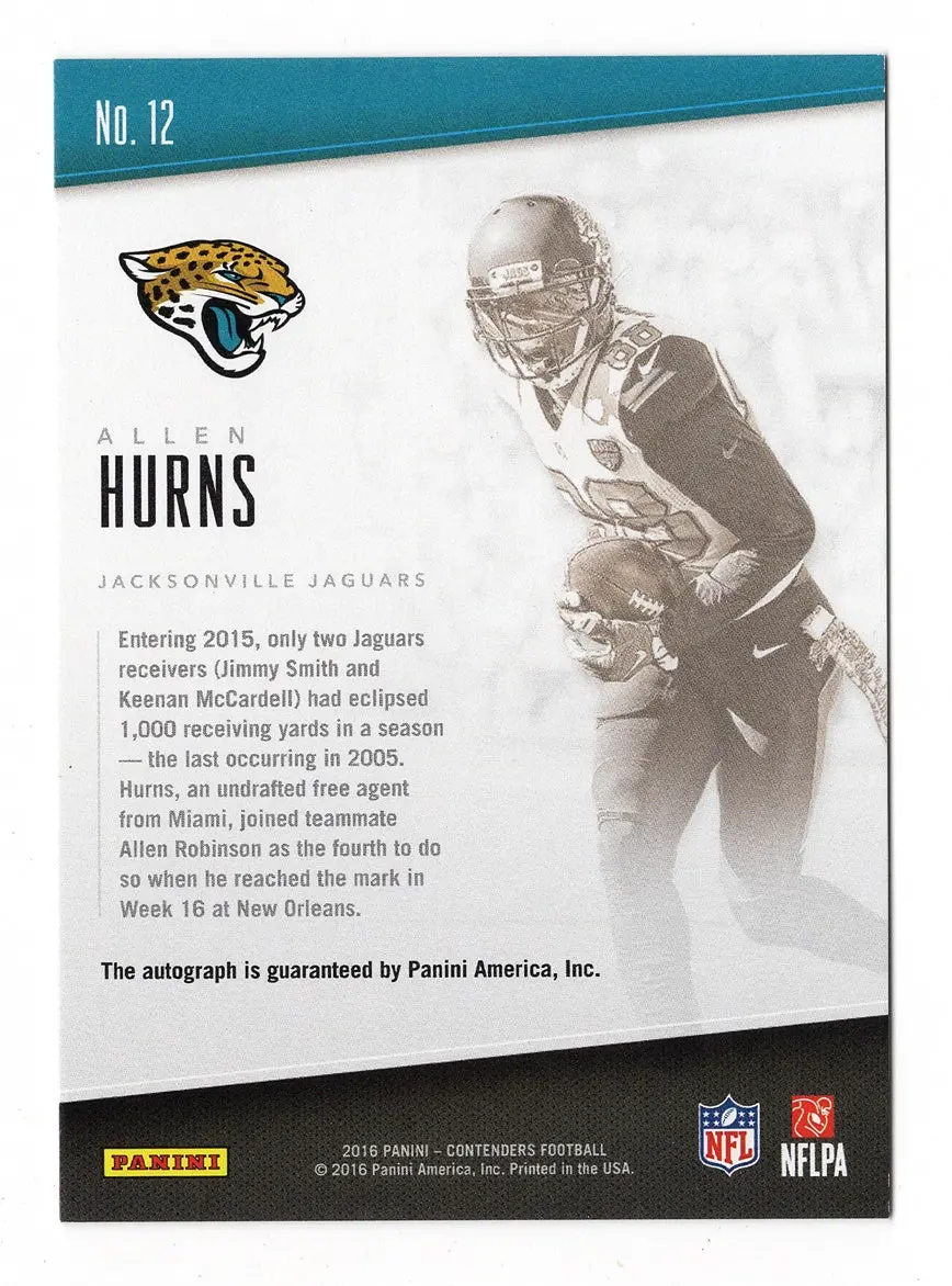 Allen Hurns 2016 Panini Contenders Football Nfl Ink Autograph Jacksonville Jaguars Ultra Rare 1/1 Insert Trading Card 2