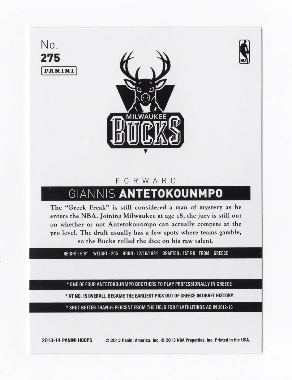 Giannis Antetokounmpo 2013-14 Panini Nba Hoops Rookie Rare Milwaukee Bucks Basketball Collectible Insert Card #275 2