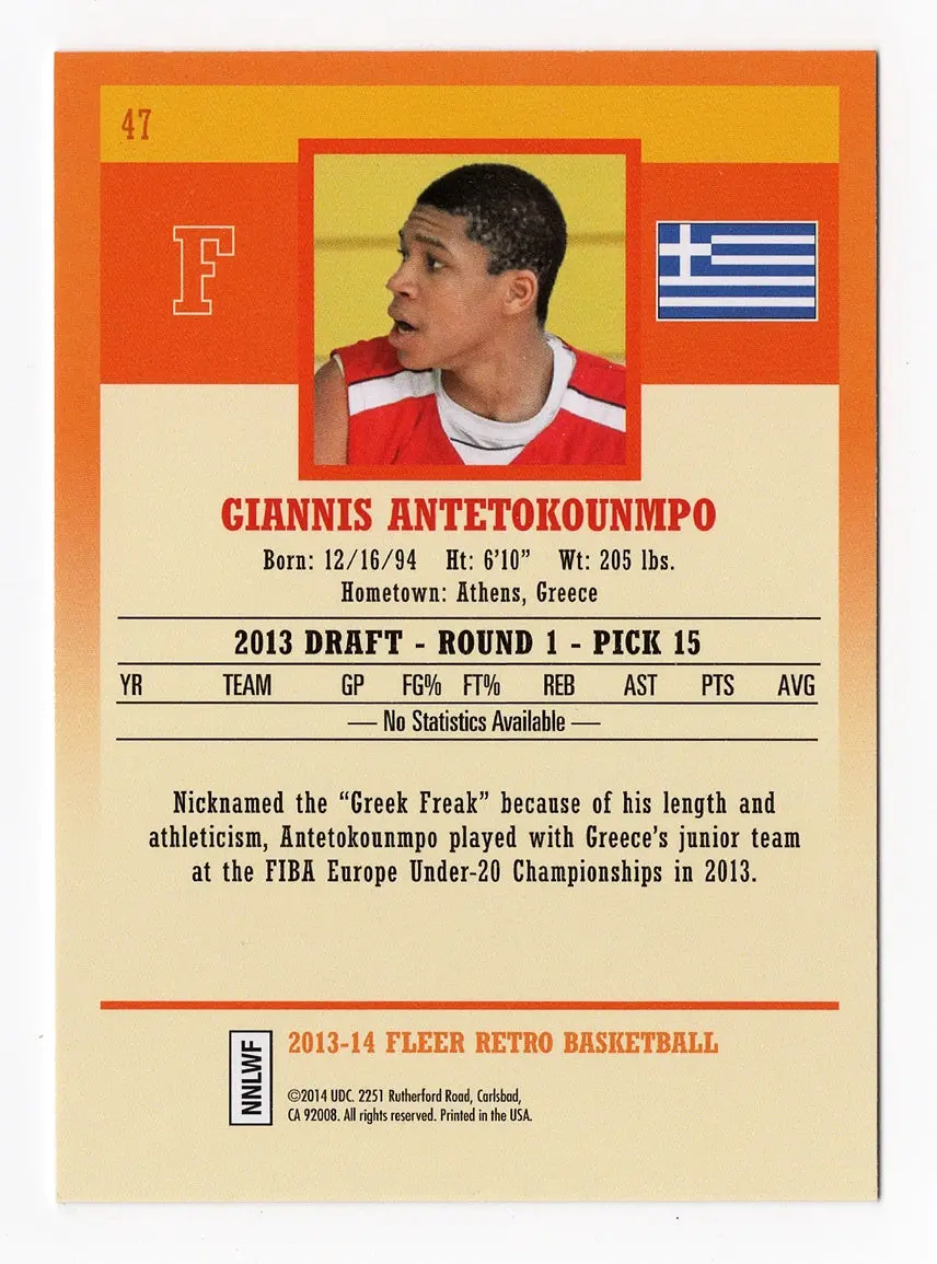 Giannis Antetokounmpo 2013-14 Fleer Retro Official Rookie Rare Milwaukee Bucks Basketball Collectible Trading Card #47 2