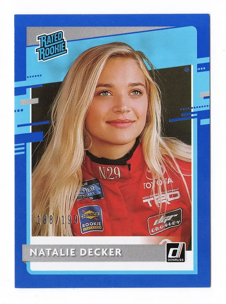 Natalie Decker 2021 Donruss Racing Rated Rookie (Rare Blue Parallel) Nascar Collectible Short Print Insert  Trading Card #188/199 1