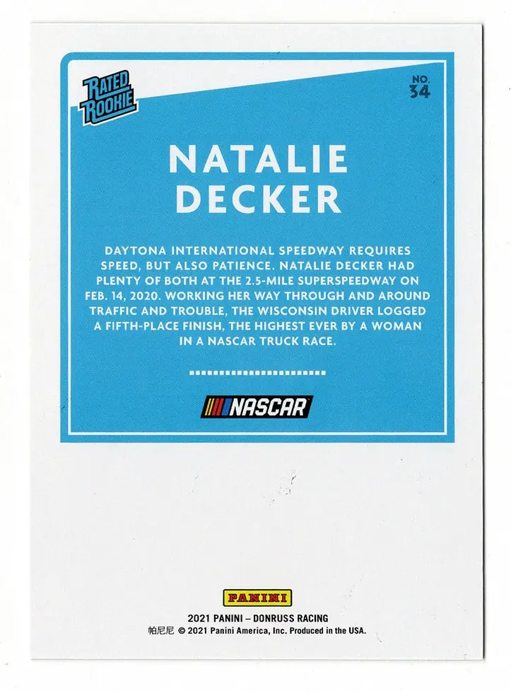 Natalie Decker 2021 Donruss Racing Rated Rookie (Rare Blue Parallel) Nascar Collectible Short Print Insert Trading Card #188/199 2