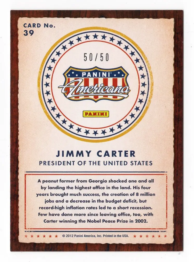Jimmy Carter Panini Americana 2012 Heroes & Legends (United States President) Rare Silver Proof Collectible Insert Trading Card #50/50 (Only 50 Made!) 2