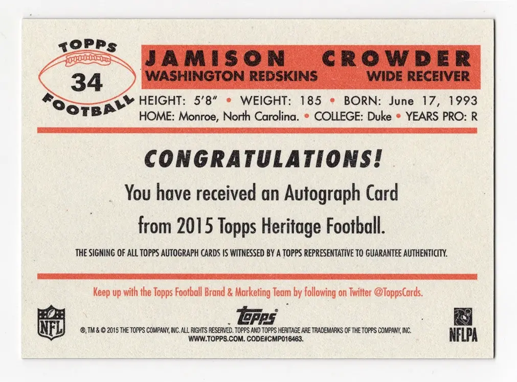 Jamison Crowder 2015 Topps Heritage Football Rookie Autograph Parallel Rc Signed Insert Trading Card #16/56 (Only 56 Made) 2