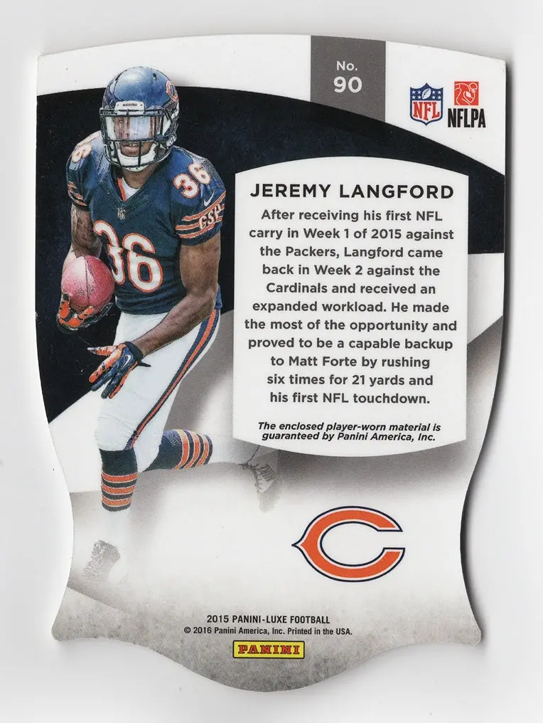 Jeremy Langford 2015 Panini Luxe Football Rookie Jersey Relic (3-Color Patch) Memorabilia Insert Diecut Collectible Trading Card #08/25 (Only 25 Made) 2