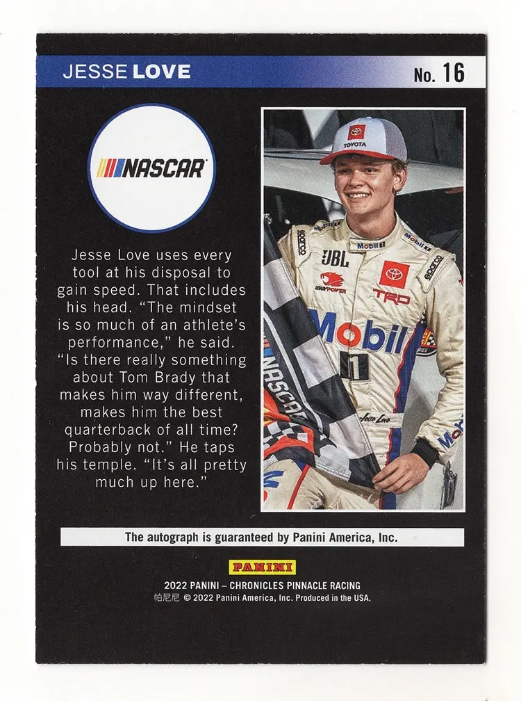 Jesse Love 2022 Panini Chronicles Racing Pinnacle Autograph Signed Nascar Collectible Insert Trading Card 2
