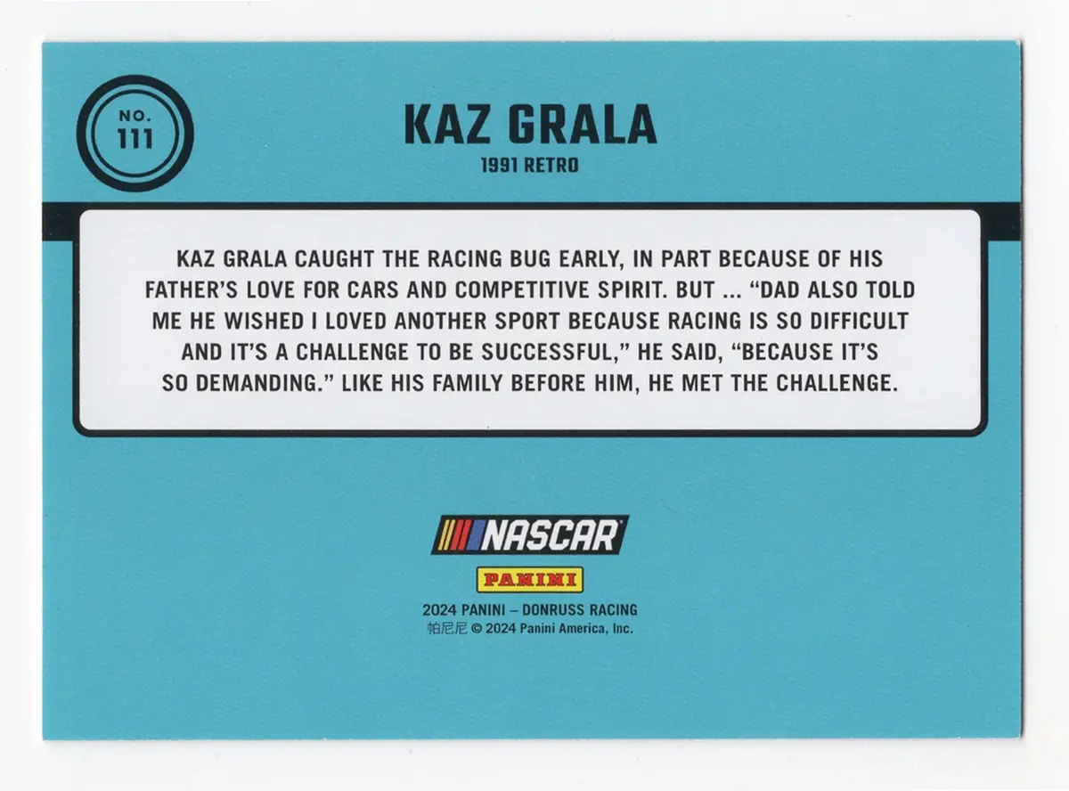 Kaz Grala 2024 Donruss Racing 1991 Retro Rare Gold Insert Nascar Collectible Insert Trading Card #02/10 (Only 10 Made) 2