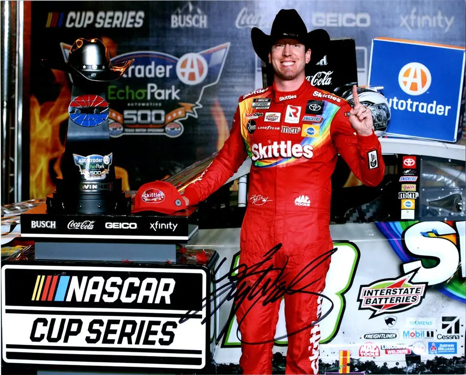 Autographed 2020 Kyle Busch #18 Skittles Zombie Team Texas Race Win (Victory Lane Trophy) Joe Gibb Racing Nascar Cup Series Signed Picture 8X10 Inch Glossy Photo With Coa 1