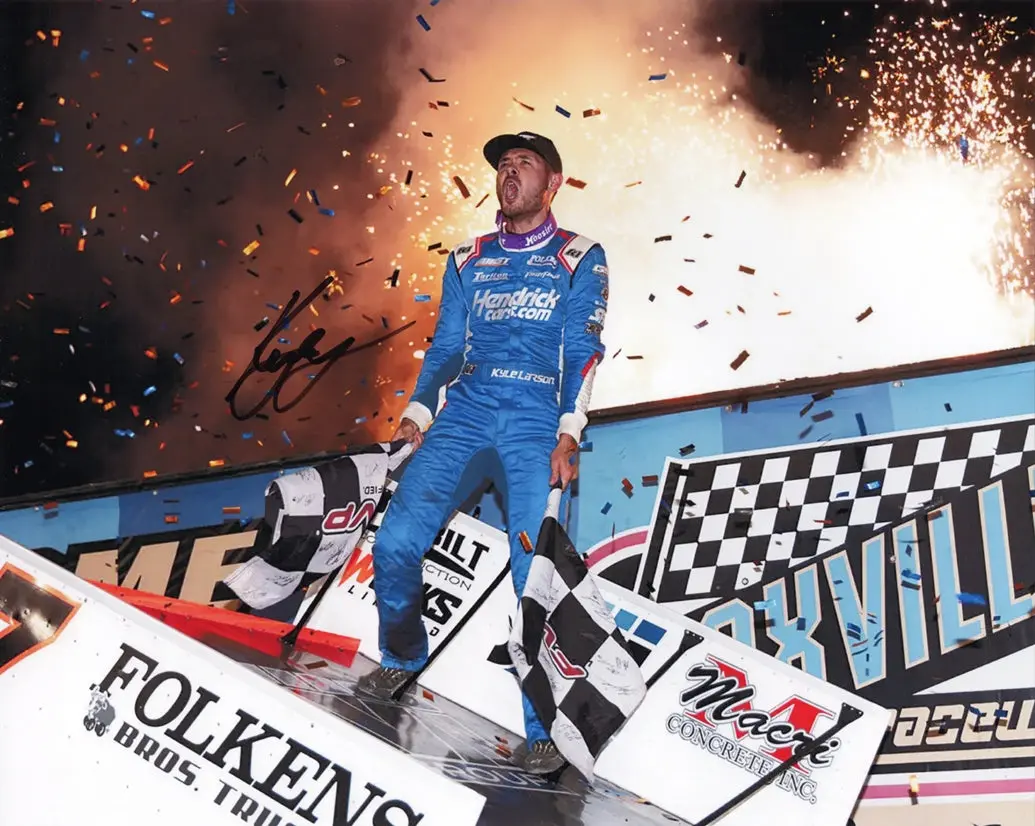Autographed 2021 Kyle Larson #57 Knoxville Nationals Win - Dirt Sprint Car Racing (Celebration) Signed 8X10 Inch Picture Nascar Photo With Coa 1