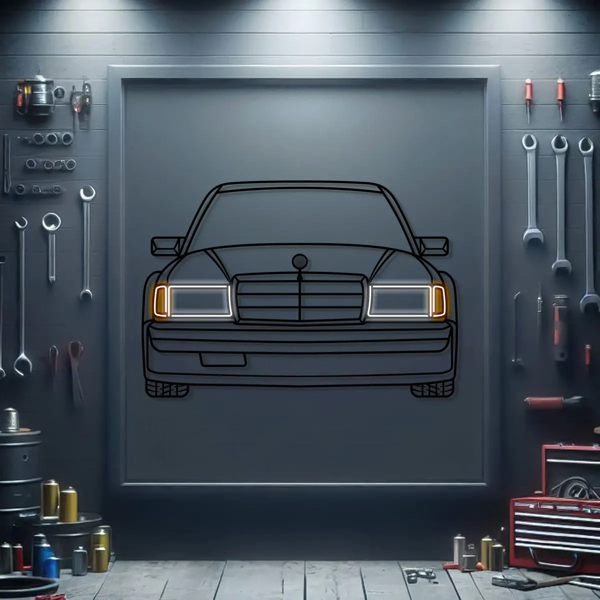 190E W201 Front View Metal Neon Car Wall Art - Mtn0230 1