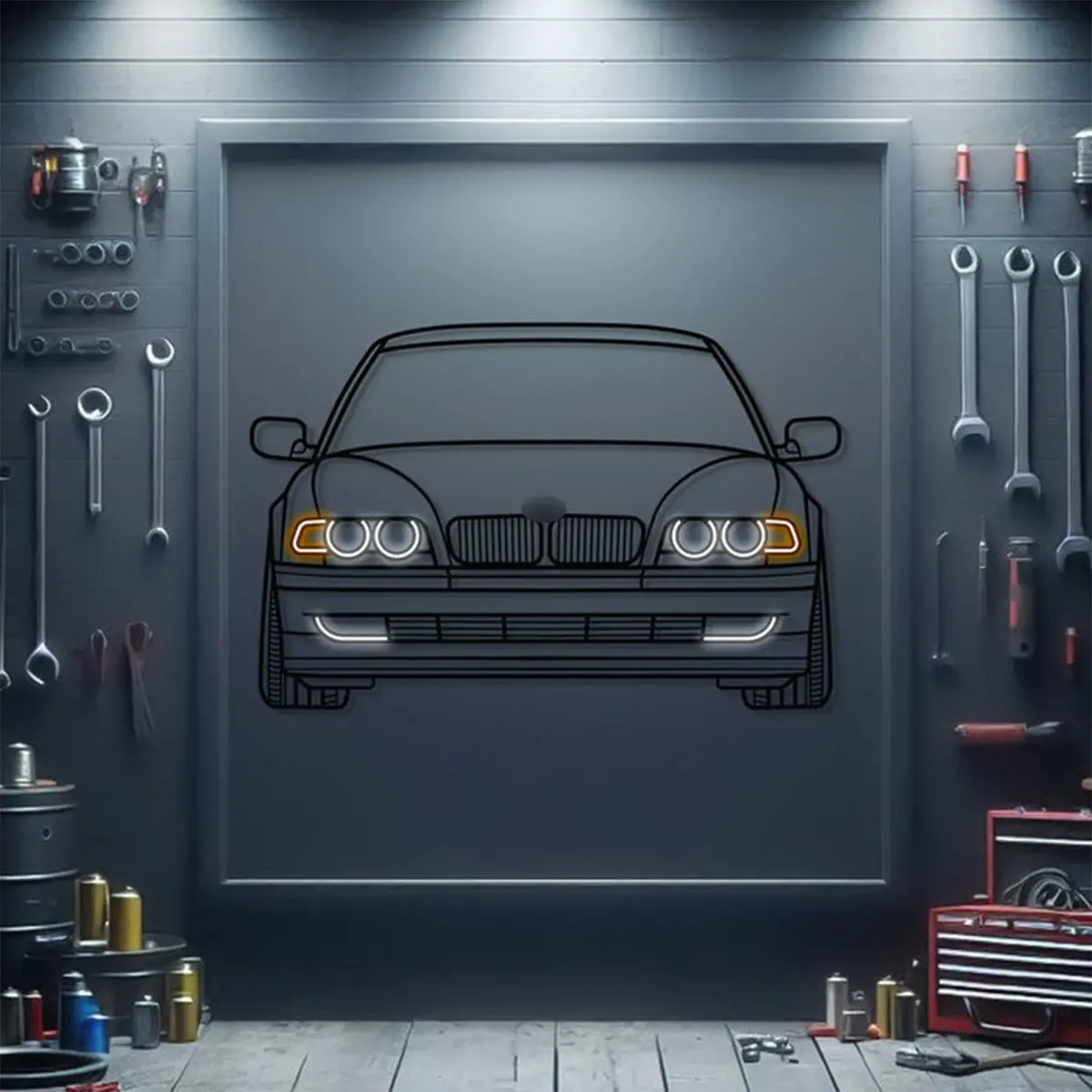 E38 Front View Metal Neon Car Wall Art - Mtn0083 1