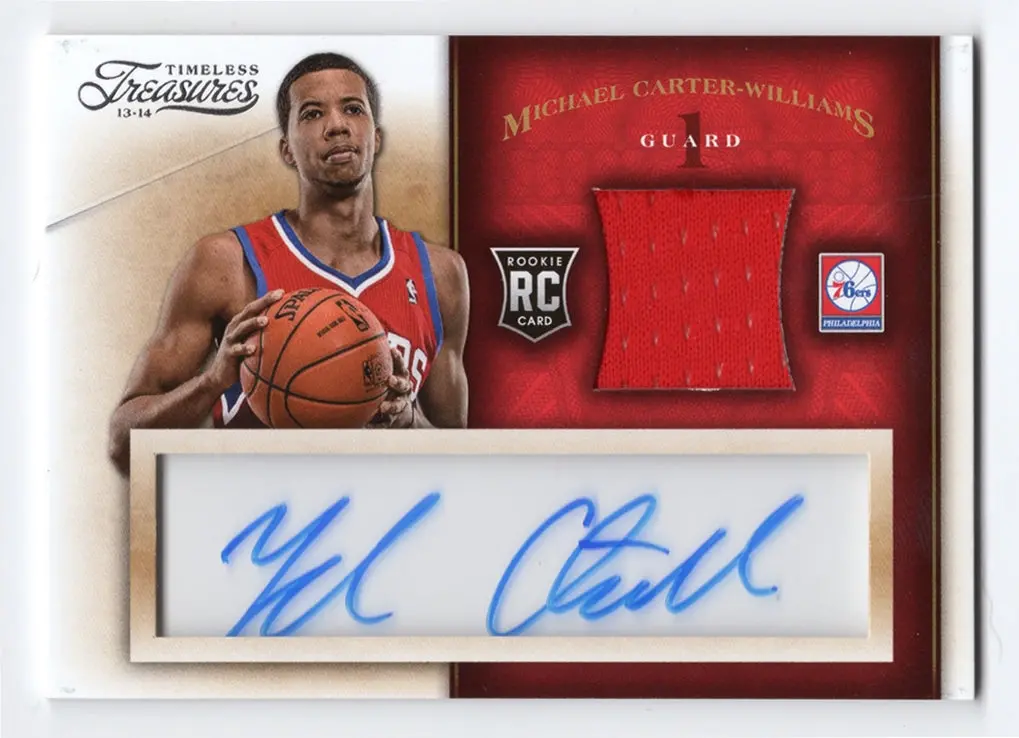 Michael Carter-Williams 2013-14 Panini Timeless Treasures Basketball Rookie Jersey Autograph (Philadelphia 76Ers) Game-Used Memorabilia Nba Insert Collectible Basketball Trading Card 1