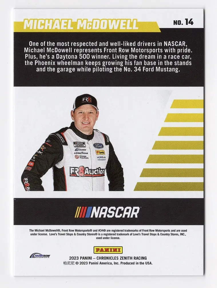 Michael Mcdowell 2023 Panini Chronicles Zenith Racing Holo Silver Rare Nascar Insert Trading Card #05/10 (Only 10 Made) 2
