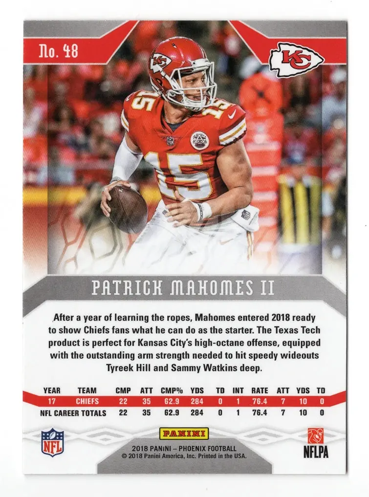 Patrick Mahomes 2018 Panini Phoenix Football 2Nd Season (Kansas City Chiefs) Collectible Trading Card #48 2
