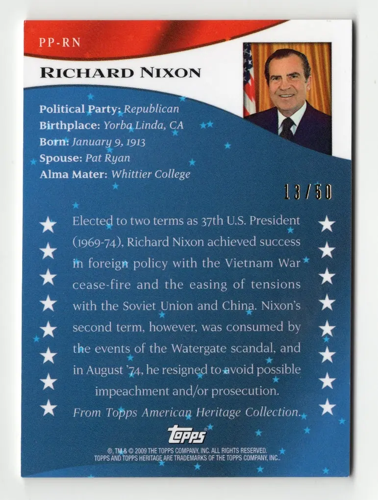 Richard Nixon Topps American Heritage 2009 Presidential Patches (Letter I) Rare Parallel Collectible Insert Trading Card #13/50 (Only 50 Made!) 2