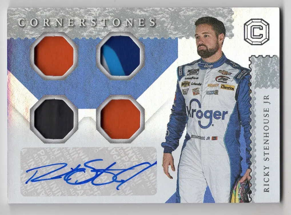 Ricky Stenhouse Jr. 2021 Panini Chronicles Cornerstones Racing Quad Relic Autograph (Race-Used Memorabilia) Signed Nascar Collectible Insert Trading Card 1