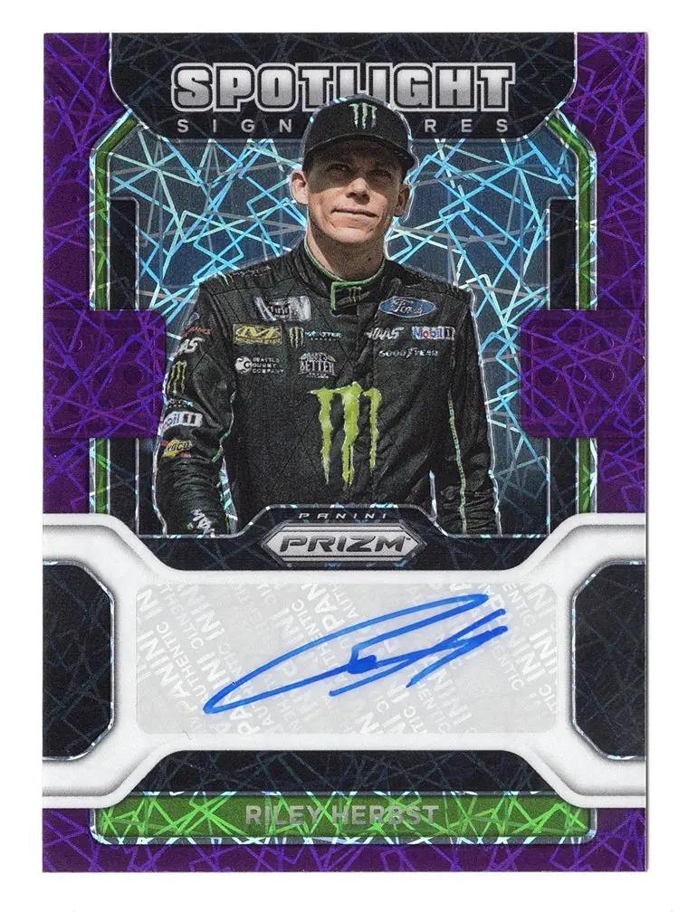 Riley Herbst 2022 Panini Prizm Racing Purple Velocity Prizm Autograph (Spotlight Signatures) Signed Nascar Collectible Insert Trading Card #28/99 (Only 99 Made!) 1