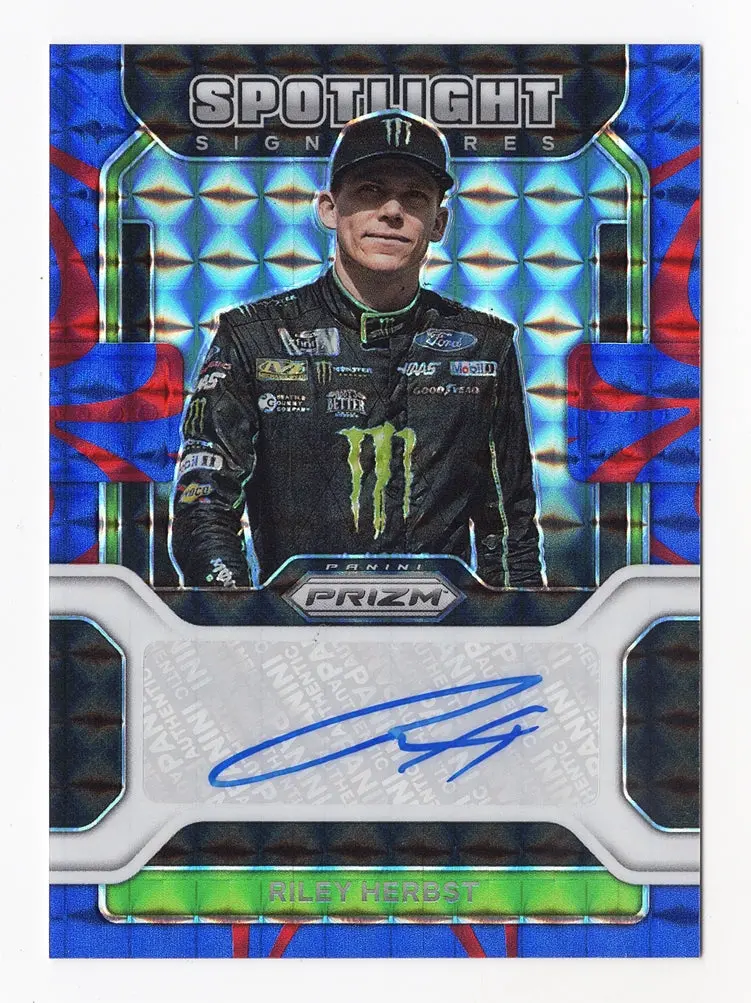 Riley Herbst 2022 Panini Prizm Racing Reactive Blue Prizm Autograph (Spotlight Signatures) Signed Nascar Collectible Insert Trading Card #64/99 (Only 99 Made!) 1