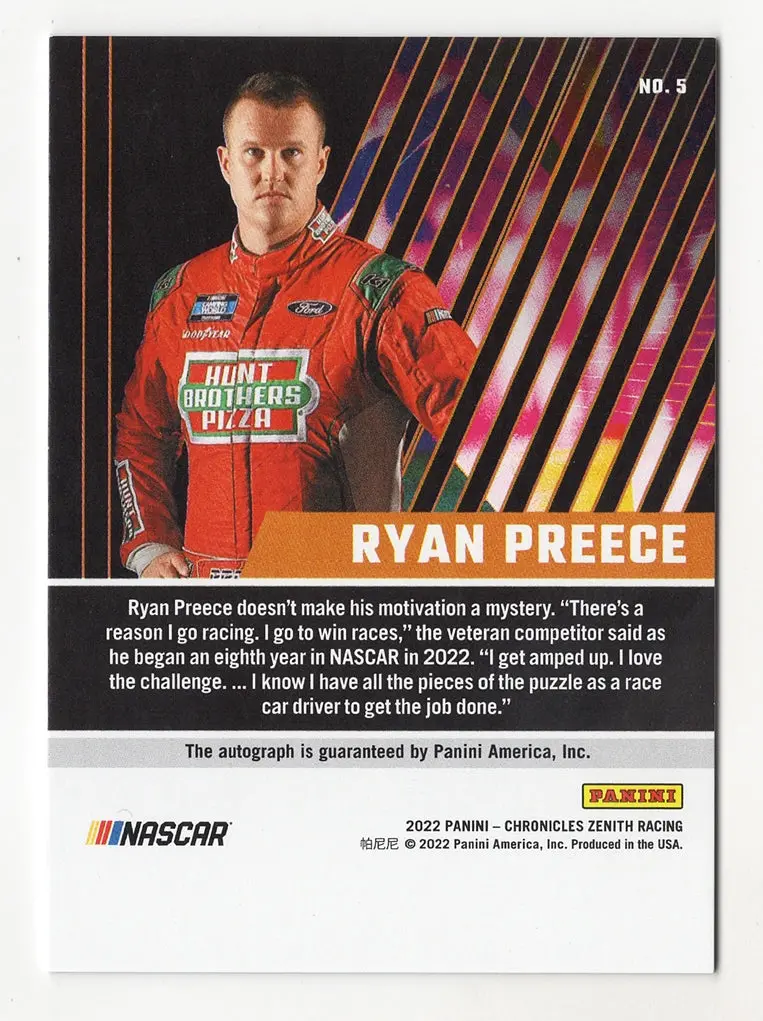 Ryan Preece 2022 Panini Chronciles Racing Zenith Autograph Signed Nascar Collectible Insert Trading Card 2