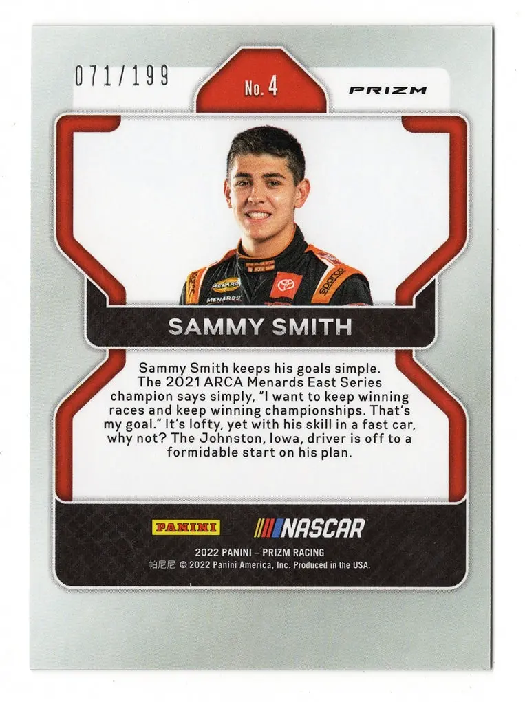Sammy Smith 2022 Panini Prizm Racing Purple Velocity Prizm (Official Rookie Card) Rare Insert Nascar Collectible Trading Card #071/199 (Only 199 Made) 2