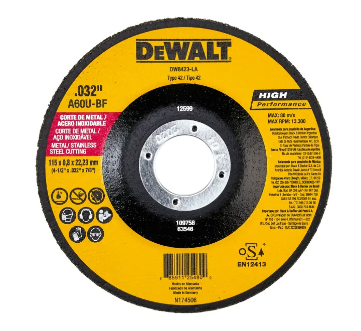 Disco Corte Metal Inoxidable 4-1/2" X 0.8 Mm X 7/8" Tipo 27 | Dewalt 1