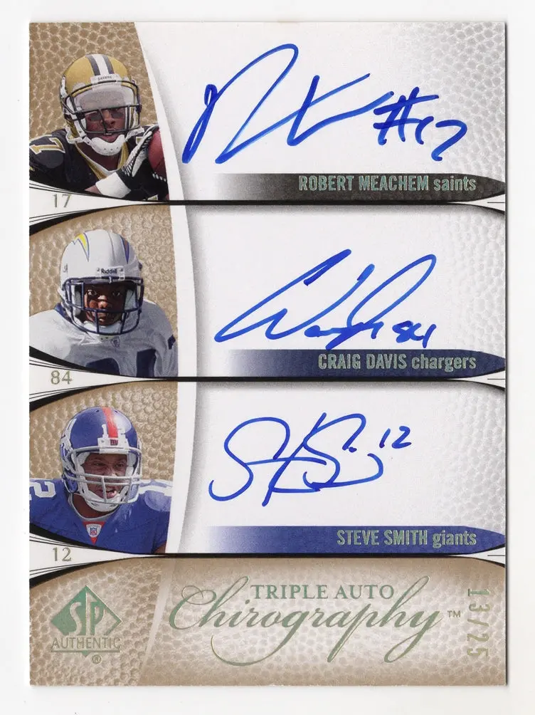 Steve Smith/Robert Meachem/Craig Davis 2007 Upper Deck Sp Authentic Football Triple Autograph Chirography Ensemble Signatures 2 (Rookie Autographs) Signed Insert Nfl Football Trading Card #13/25 1