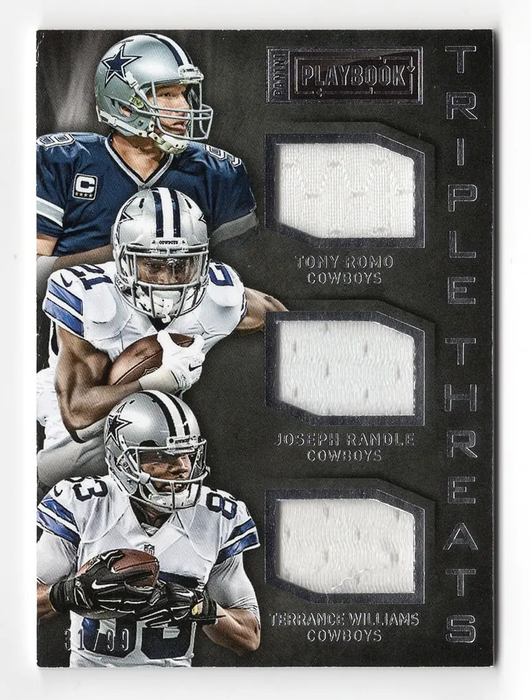 Tony Romo/Terrance Williams/Joseph Randle 2015 Panini Playbook Football Triple Threts Jersey Relic (Game-Worn Memorabilia) Insert Trading Card #31/99 (Only 99 Made) 1