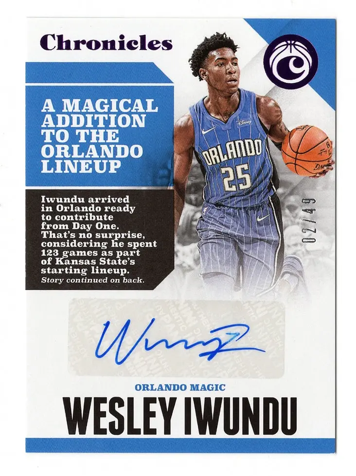 Autographed Wesley Iwundu 2017-18 Panini Chronicles Basketball (#25 Orlando Magic) Rookie Card Signed Insert Collectible Nba Basketball Trading Card #02/49 1