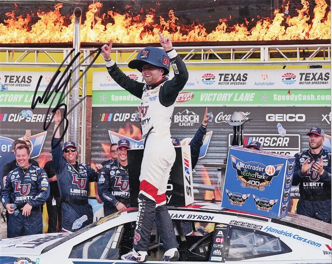 Autographed 2023 William Byron #24 Liberty Texas Race Win (Victory Lane Fire) Signed 8X10 Inch Nascar Photo With Coa 1