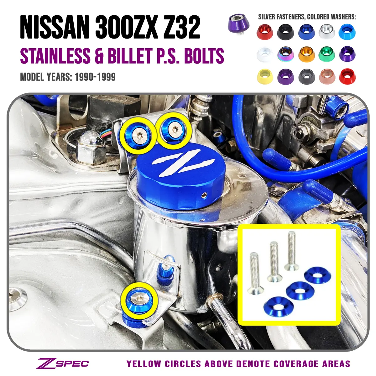 Zspec Power Steering Reservoir Fasteners For '90-96 Nissan 300Zx Z32, Stainless & Billet 1