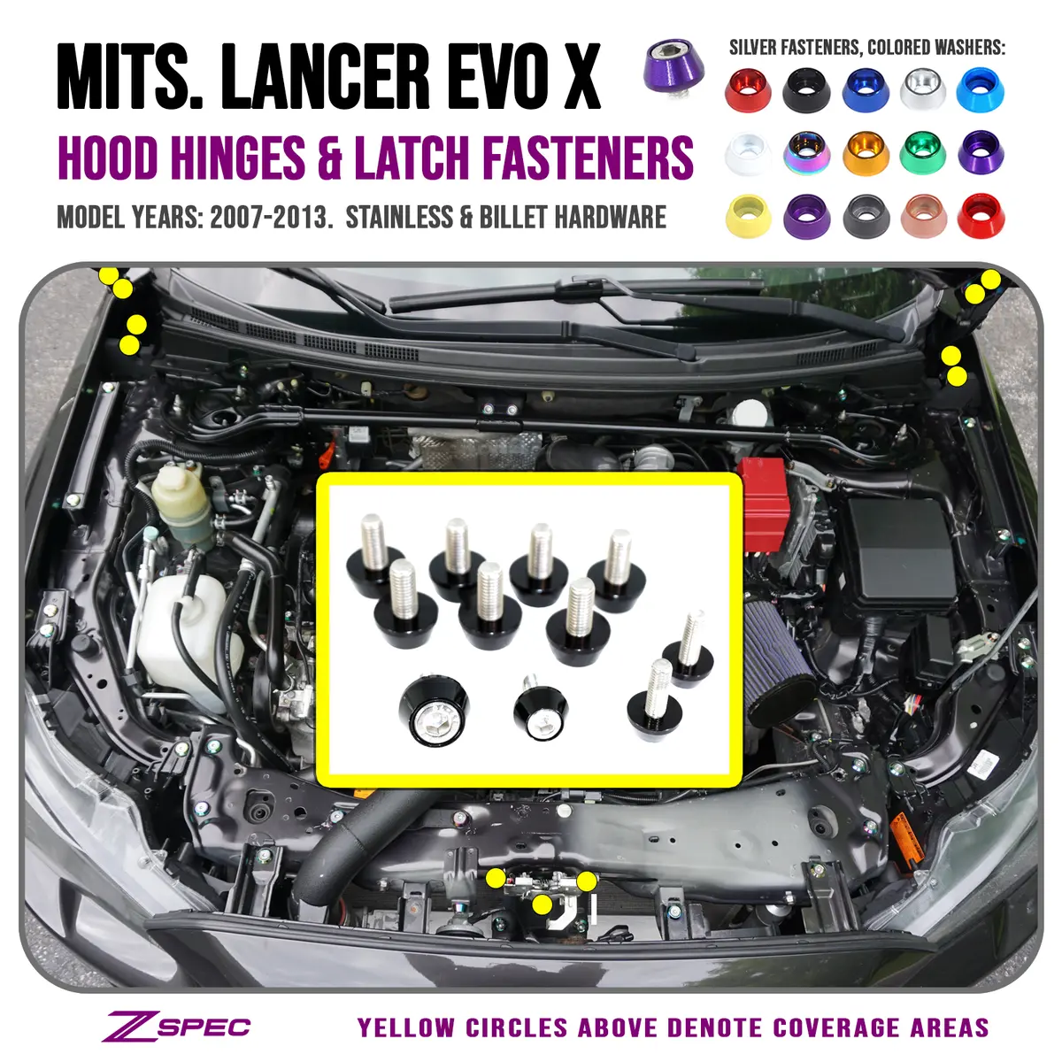 Zspec Hood Hinges & Latch Fastener Kit For 07-13 Mitsu Lancer Evo 10, Stainless & Billet 1