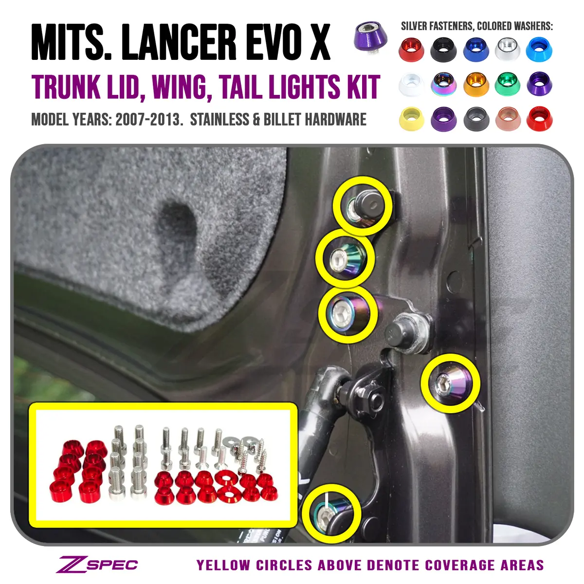 Zspec Trunk-Area Fastener Kit For '07-13 Mitsubishi Lancer Evo 10, Stainless & Billet 1