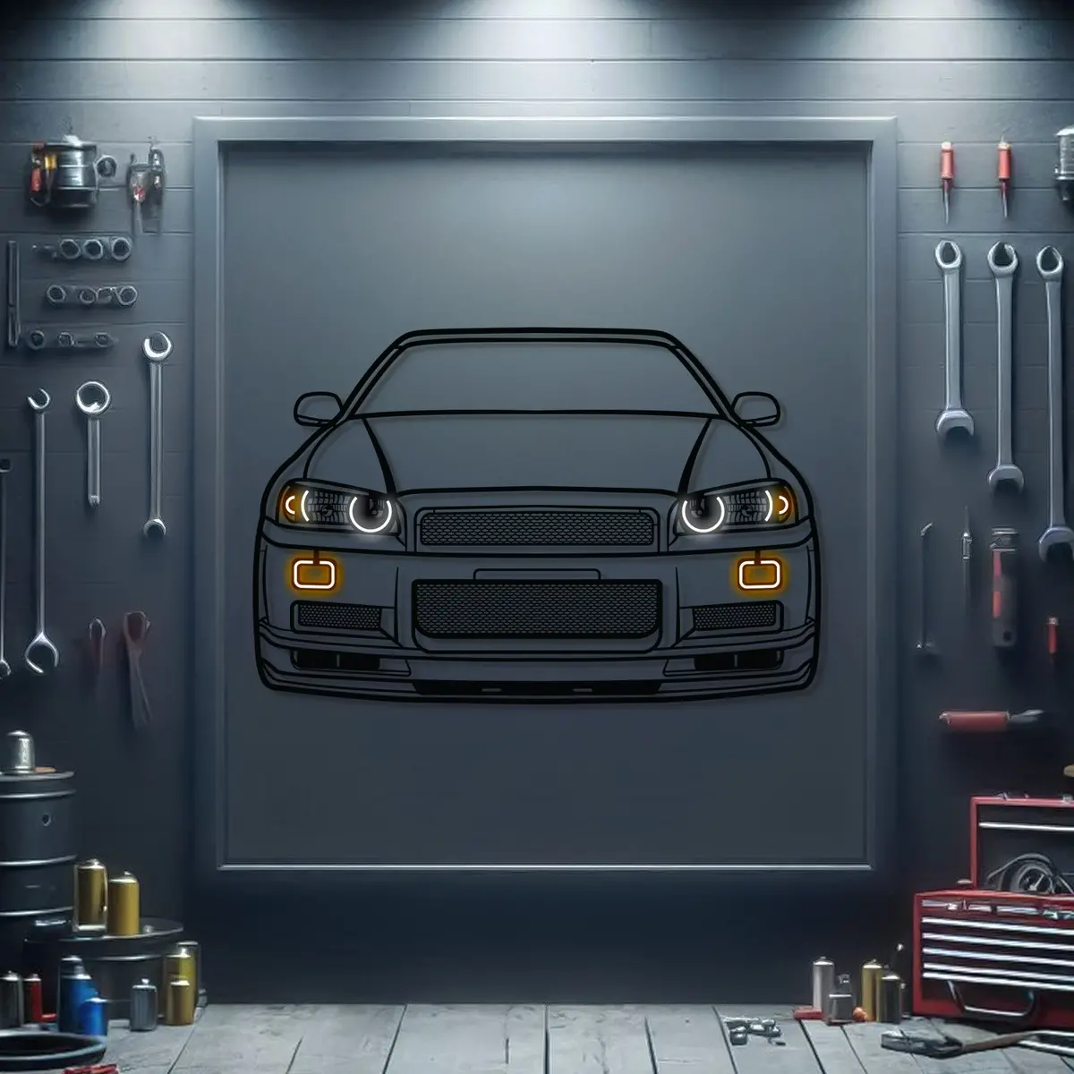 Gt-R R34 Front View Metal Neon Car Wall Art - Mtn0092 1