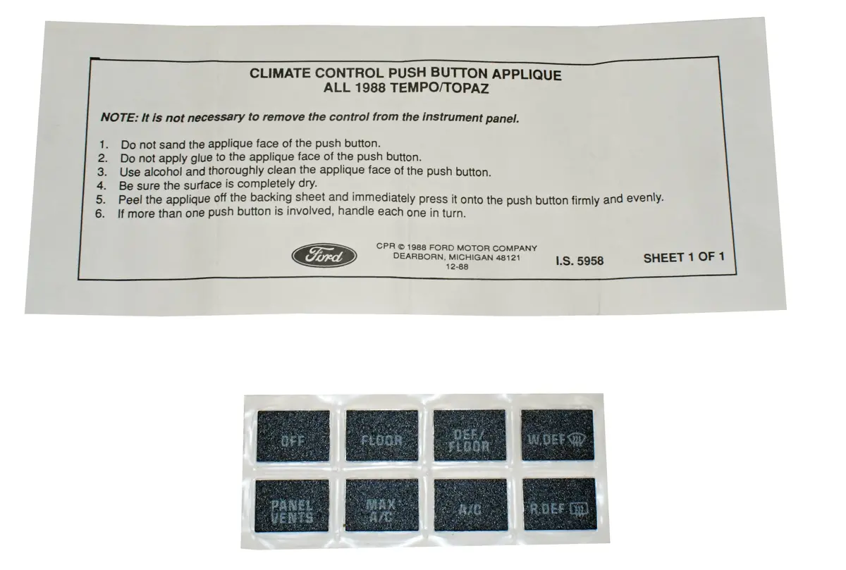New Climate Control Push Button Label Decal For 1988 Tempo / Topaz E93z-19A565-A 1