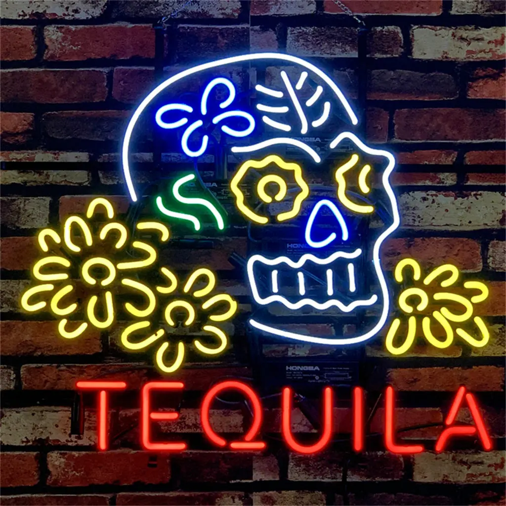Tequila Lager Skull Bone With Flower Neon Signs Light 1
