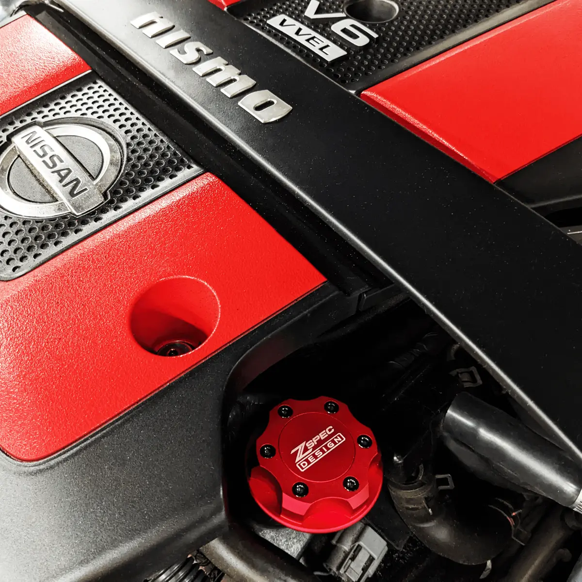 Zspec Billet Oil Filler Cap For Nissan/Infiniti/Datsun, Red Cap W/ Titanium Accents 2