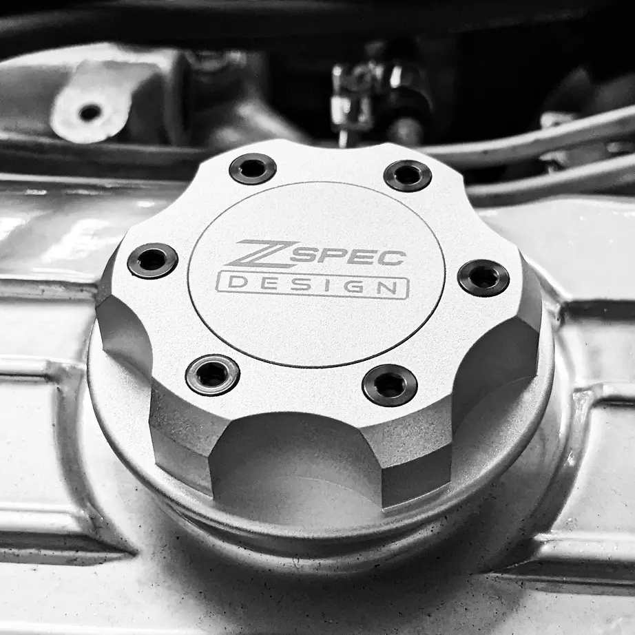 Zspec Billet Oil Filler Cap For Nissan/Infiniti/Datsun, Silver Cap W/ Titanium Accents 1