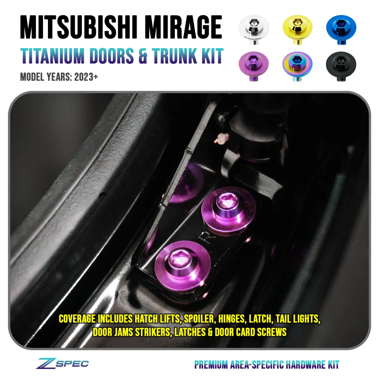 Zspec "Door Jams & Trunk-Area" Dress Up Bolts® Fastener Kit For '23+ Mitsubishi Mirage, Titanium 1
