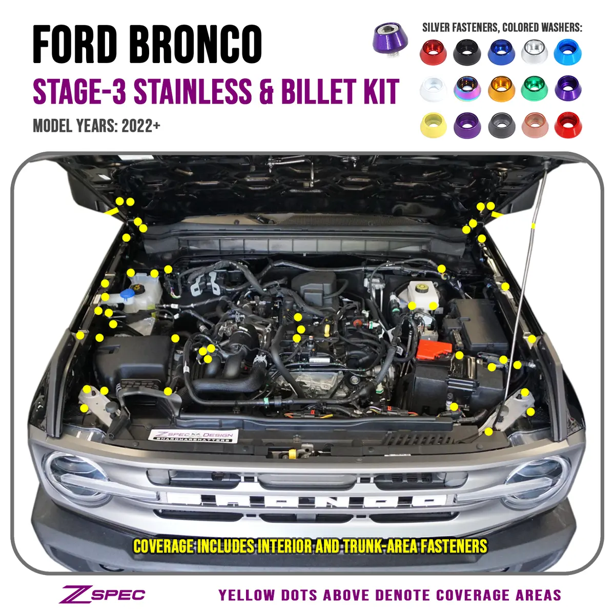 Zspec Stage-3 Dress Up Bolts® Fastener Kit For '21+ Ford Bronco 2.7L, Stainless-Billet 1