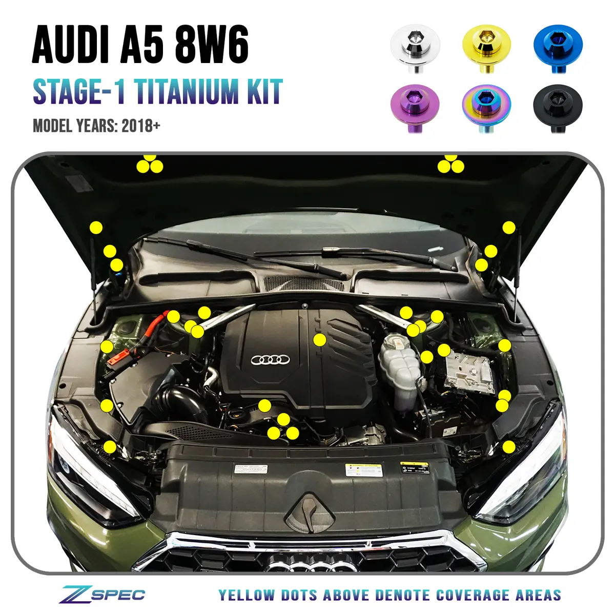 Zspec Stage-1 Dress Up Bolts® Fastener Kit For '18-23+ Audi A5 8W6 2.0L, Titanium 1