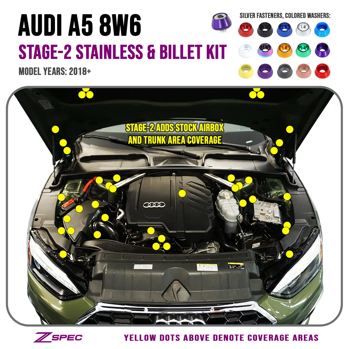 Zspec Stage-2 Dress Up Bolts® Fastener Kit For '18-22+ Audi A5 8W6 2.0L, Stainless & Billet 1