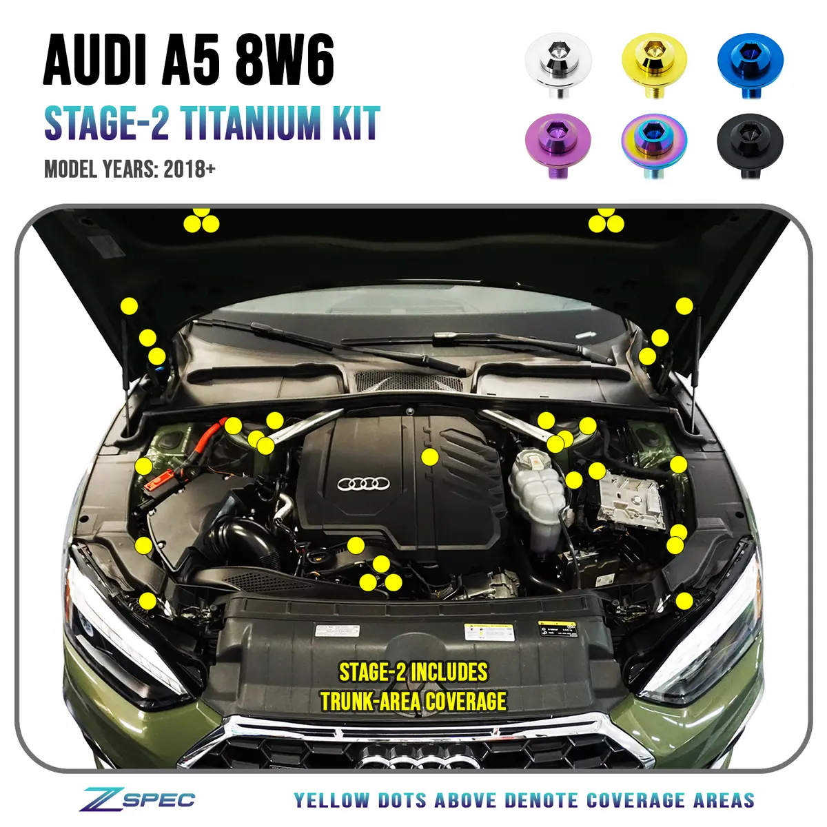 Zspec Stage-2 Dress Up Bolts® Fastener Kit For '18-23+ Audi A5 8W6 2.0L, Titanium 1