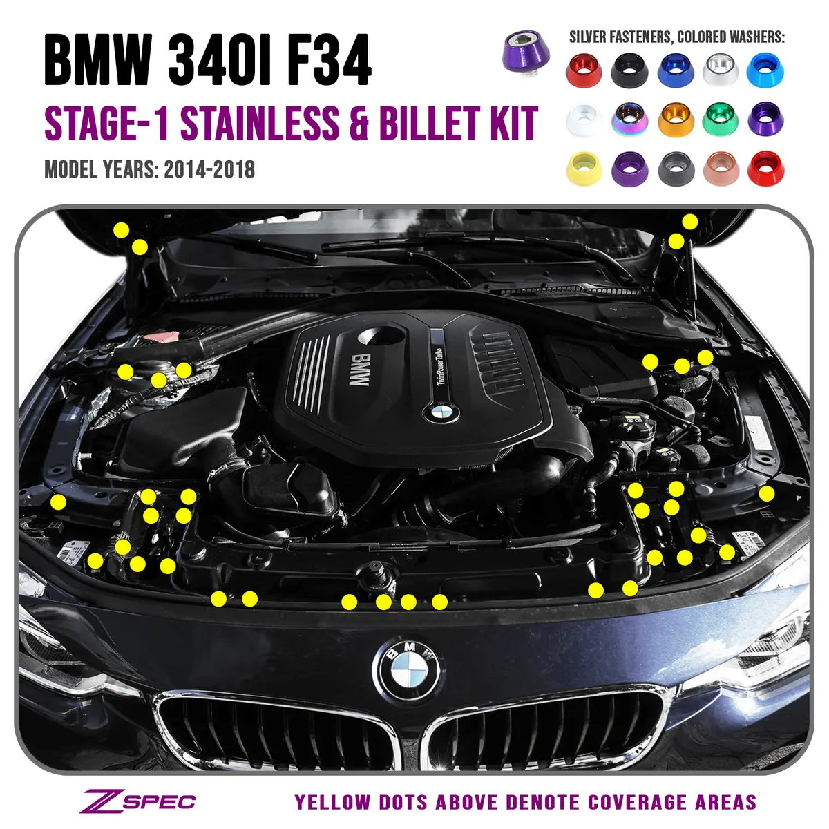 Zspec Stage-1 Dress Up Bolts® Fastener Kit For '14-18 Bmw 340I F34 3.0T, Stainless & Billet 1